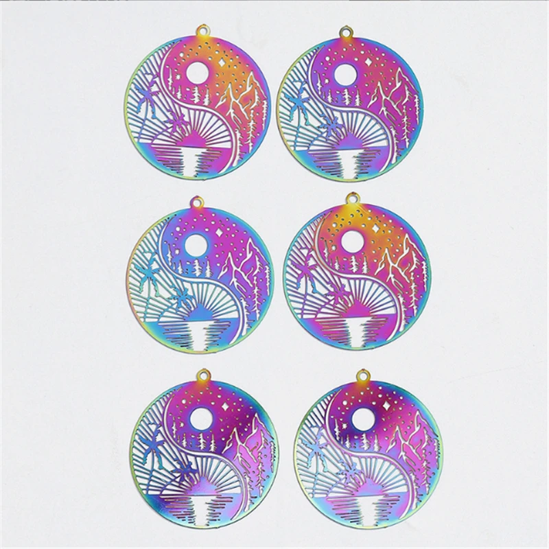 20Pcs/Lot Creative Stainless Steel Colorful Print Hollow Round Charms Connectors DIY for Earrings Jewelry Findings Accessories