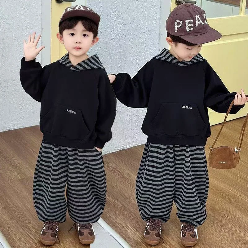 Boys Girls Sports Sets Children's Top Suit Autumn Hooded Sweatshirts Striped Pants 2Pcs New Kids Fashion Outfits Baby Clothes