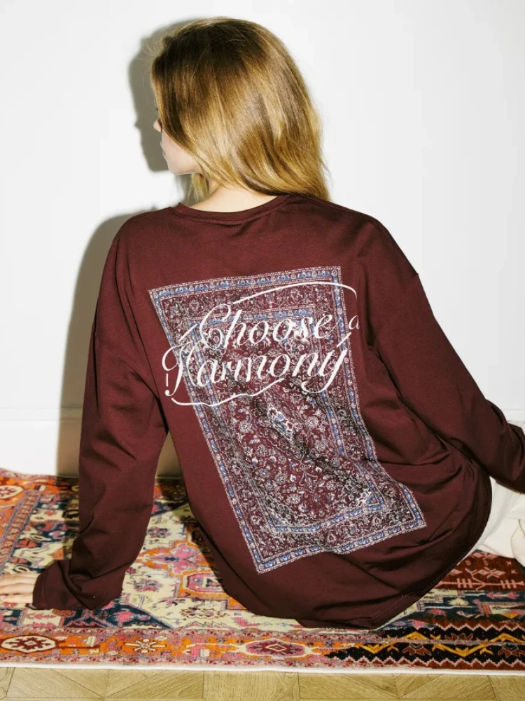 Y2K Boho Vintage Persian Rug Graphic Long Sleeve Cotton T Shirt Women Choose Harmony Letter Print Oversized Crew Neck Casual Tee