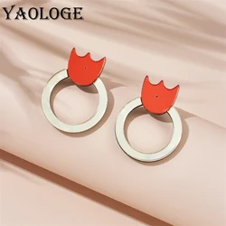 YAOLOGE Acrylic Exaggerated Mirror Circle Tulip Stud Earrings For Women New Cartoon Creative Girls Ear Needle Jewelry Gifts