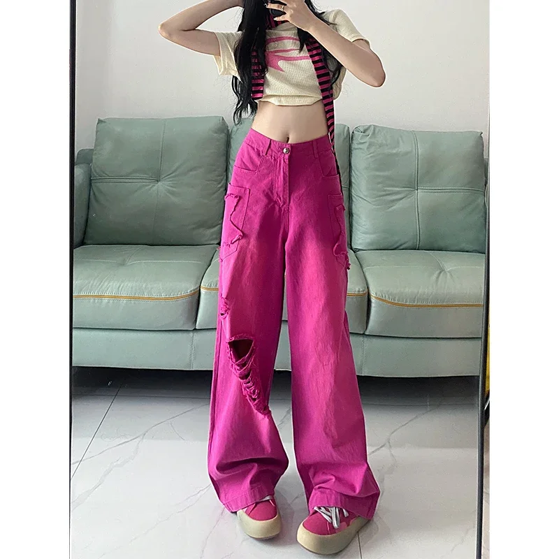 Rose Red Women's Jeans High Waist Vintage Straight Baggy Denim Pants Streetwear Holes Design Fashion Wide Leg Denim Trouser