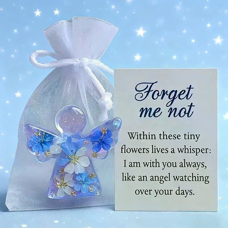 Forget Me Not Dried Flower Angel Keepsake, Mini Resin Guardian Angel Figurine With Organza Bag And Sympathy Card