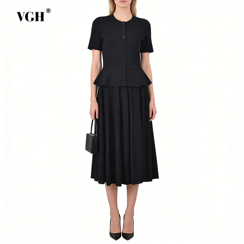 

VGH French Style Elegant Solid Dresses For Women Round Neck Short Sleeve High Waist Summer Causl Ruffle Commute Dress Female New