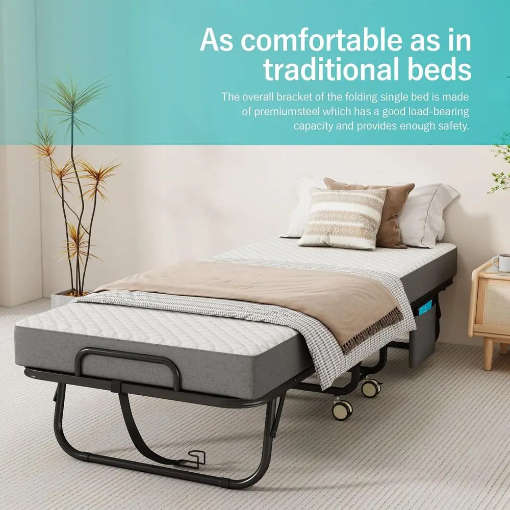 Portable Adult Folding Cot with Memory Foam Mattress, 75 x 31 Metal Frame Guest Bed with Side Storage Pockets