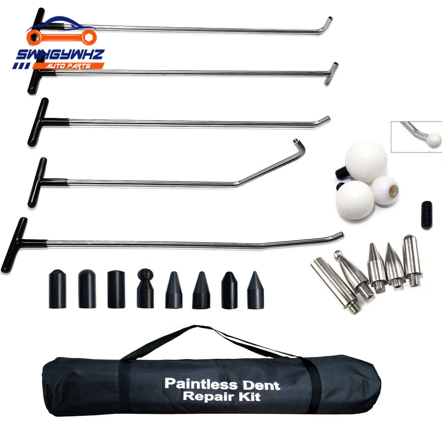 23Pcs Paintless Dent Removal Black Push Rod Car Body Repair Tool Automotive Sheet Crowbar With Metal Replaceable Head Kit