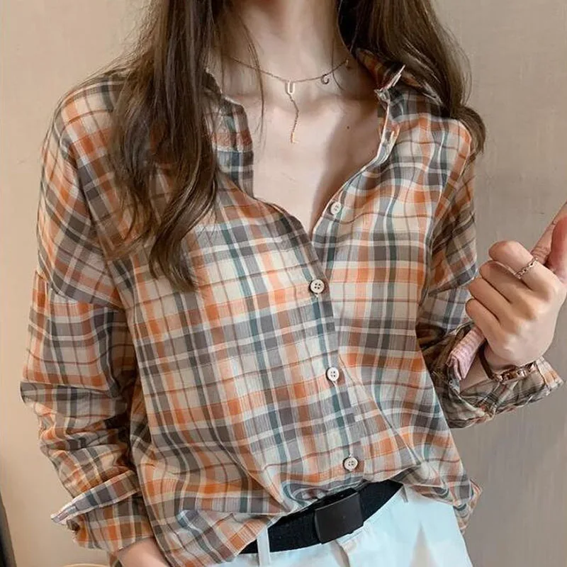 Women\'s New Casual Vintage Plaid Shirt Fashion Korean Long Sleeve Button Cardigan Turn-down Collar Thin Blouse Female Clothing