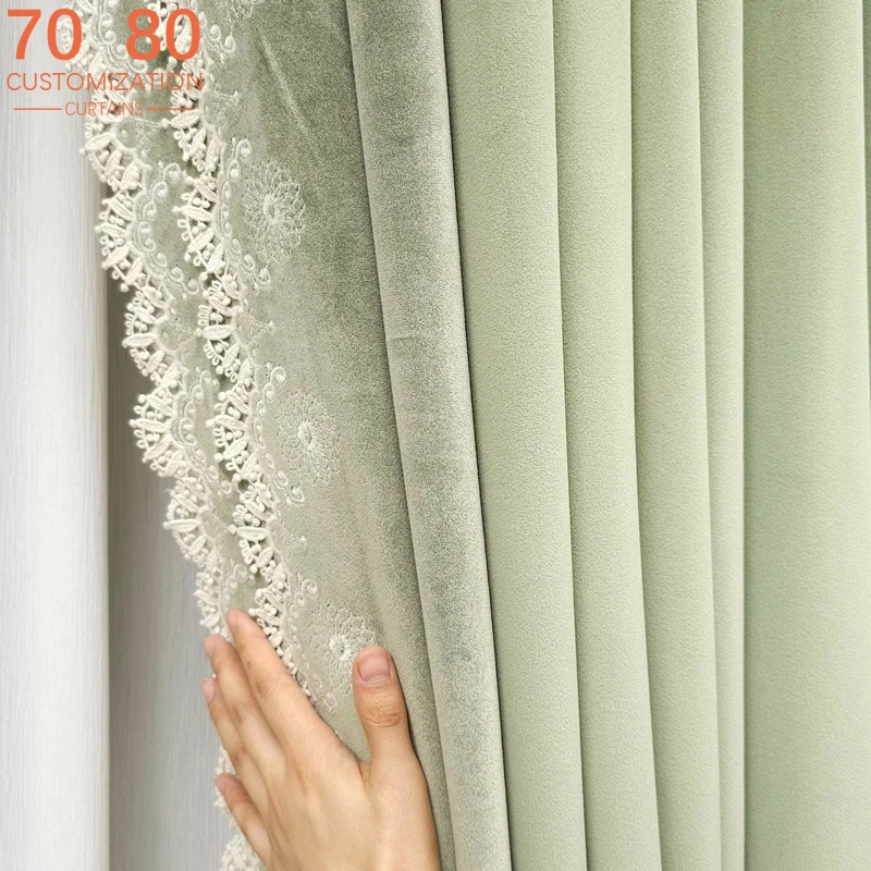 Customized Green Lace Embroidery Velvet Thickened Blackout Curtains for Living Room Bedroom French Window Balcony Villa
