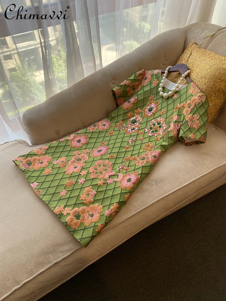 

Autumn High-end Fashion Jacquard Gold Stamping Plaid Embroidery Luxury Dress Beading Round Neck Short Sleeve Women's Dress