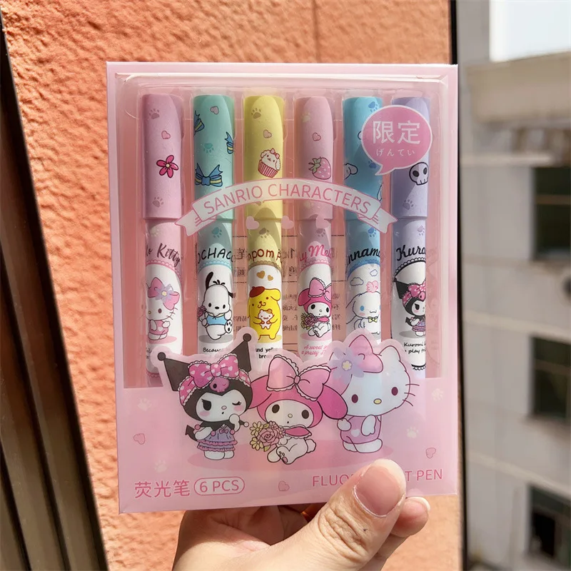 6Pcs/box Sanrio Hello Kitty Highlighter Pen Set Kawaii Kuromi Melody Cinnamoroll Art Fluorescent Markers Pens School Stationery