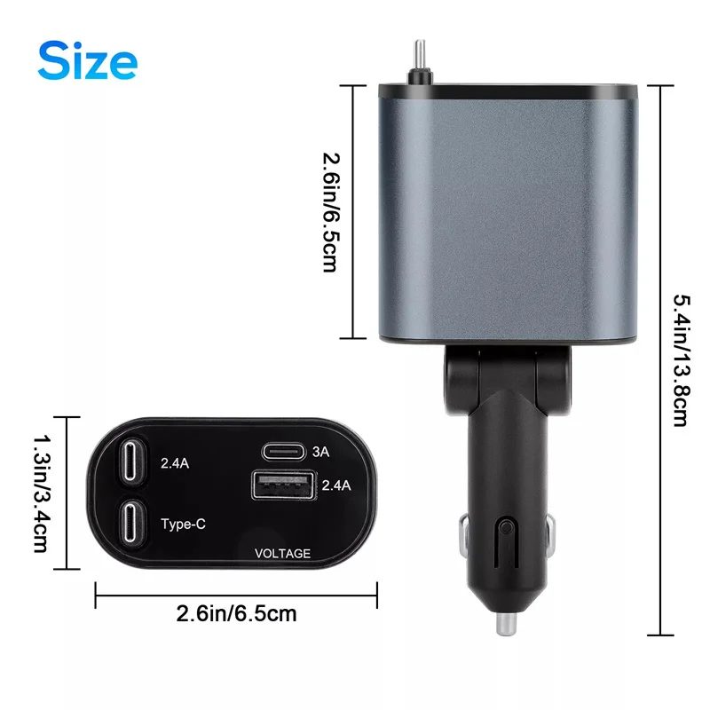 New 120W 4 In 1 Retractable Car Charger USB C For     Fast Charging Cable Cigarette Lighter Adapter view 3