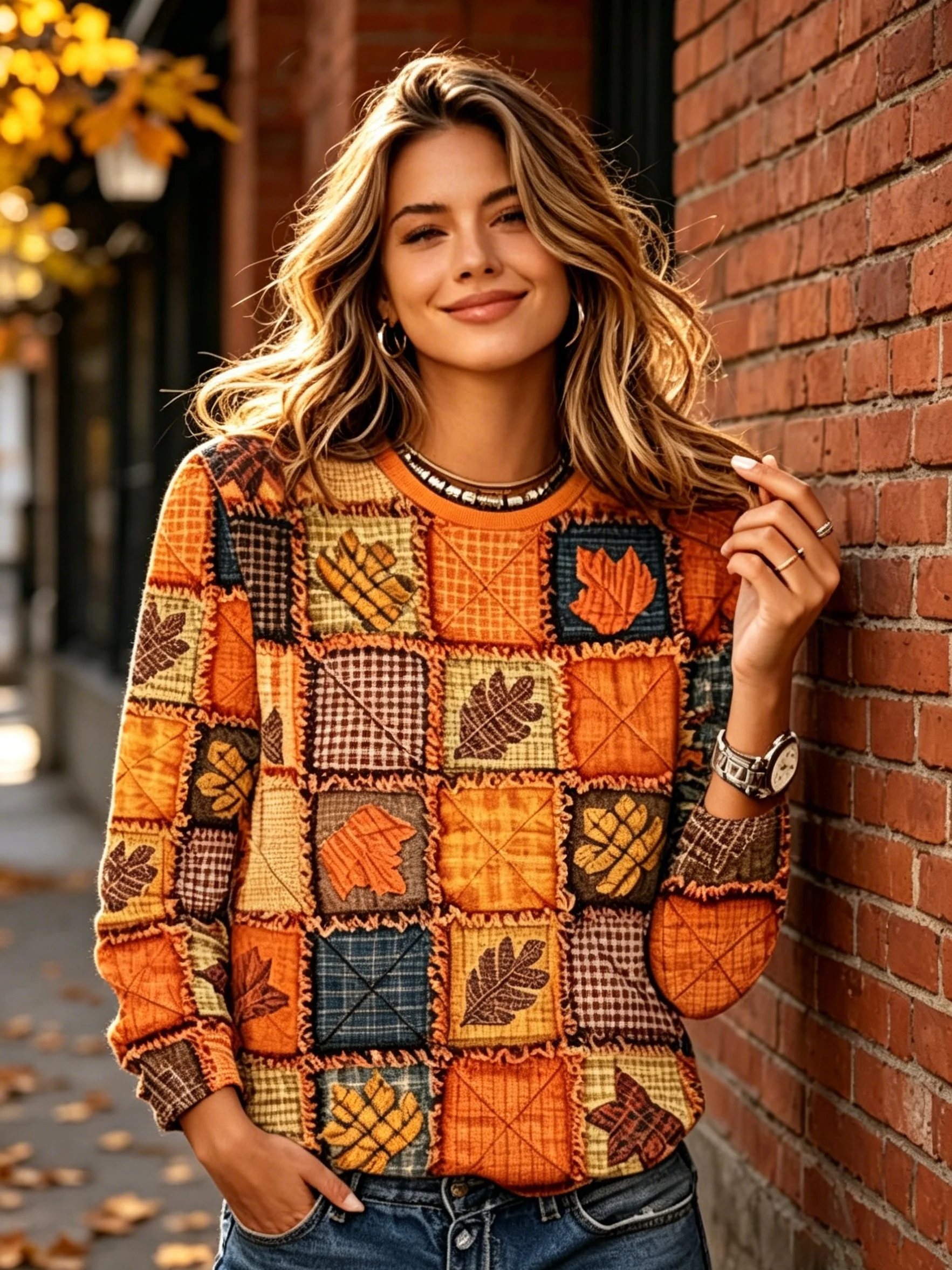 Women Sweatshirt Fall Patchwork Plaid Maple Leaf Print Crew Neck Long Sleeve Autumn Winter Casual Pullover Women's Clothes