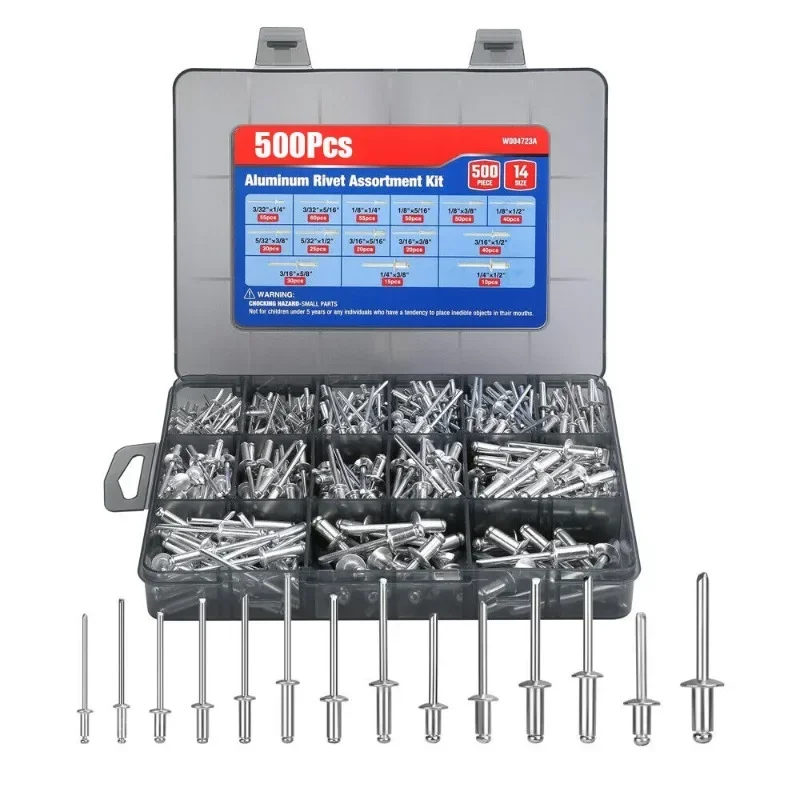 500Pcs Aluminum Blind Rivets Set Pop Rivets Dome Head Blind Rivet Pull Rivet Mandrel Exhaust Rivets 2.4mm/3.2mm/4.0mm/5mm/6.4mm