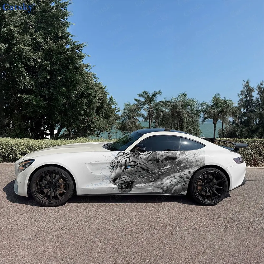 2pcs Splash Ink Snow Leopard Car Side Wraps, Self-Adhesive PVC Waterproof & Scratch-Resistant Stickers, Car Accessory Gift