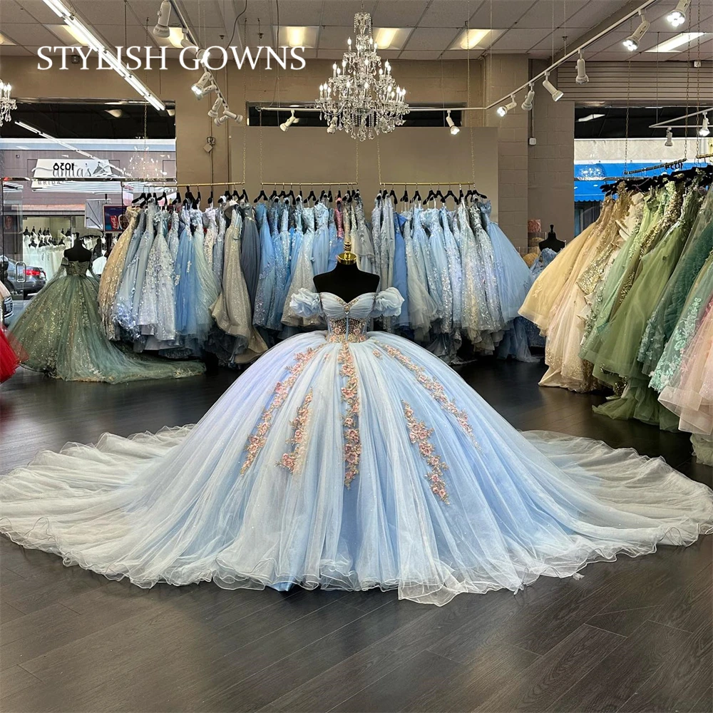 

Mexico Sky Blue Off The Shoulder Ball Gown Quinceanera Dresses For Girls Beaded Appliques Party Gowns Pleats Sweet 16 15