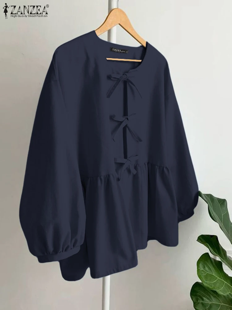 

ZANZEA Women Korean Fashion Blouses 3/4 Lantern Sleeve O-Neck Bow Detail Ruffled Hem Elegant Blusas Mujer Solid Color Tops