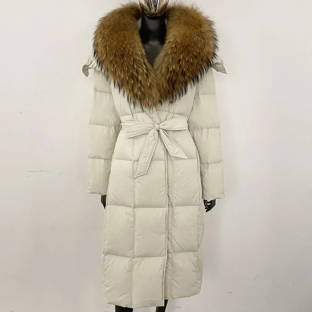 

White Duck Down Coat Hooded Winter Real Fox Fur Collar Belt Single-breasted Jacket Puffer Jacket Loose Reality Fur Coat Women