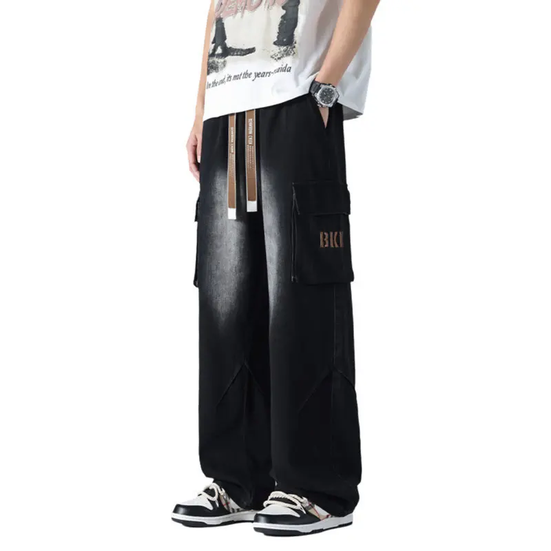 

Men's Loose Fit Jeans Pants Solid Color Large Pocket Workwear Trousers Streetwear Vintage Wide Leg Cargo Denim Pants 6XL 7XL 8XL