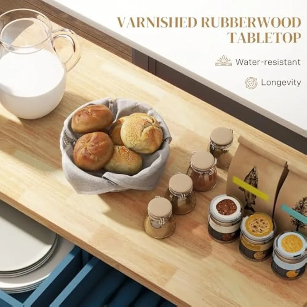 Kitchen Island on Wheels, Rolling Cart with Rubberwood Top, Spice Rack, Towel Rack and Drawers for Dining Room, Turquoise