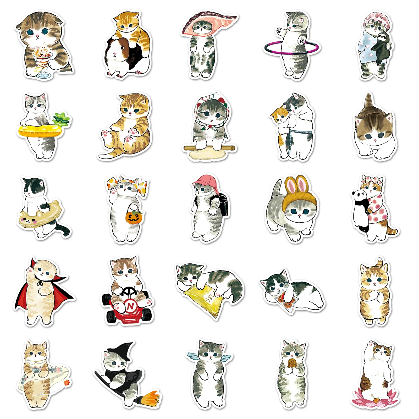 50 Pcs Cartoon Cats Hand Draw Stickers Creative Cute Animal Pets Cat Meme Waterproof Sticker Notebook Refrigerator Decoration