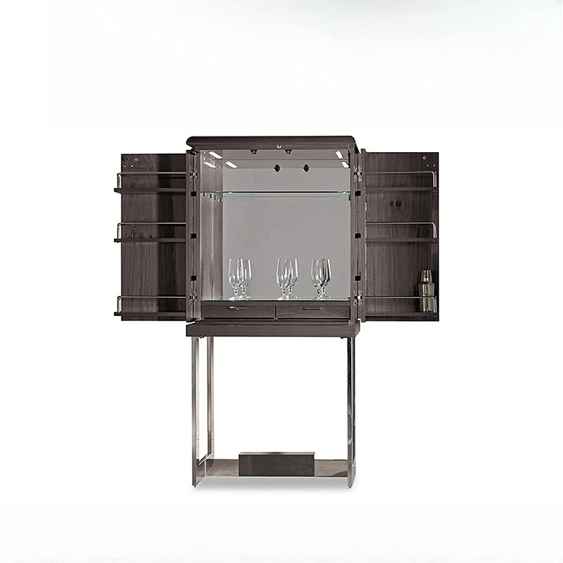 Stainless steel solid wood wine cabinet, modern light luxury villa luxury living room against the wall high-end display locker