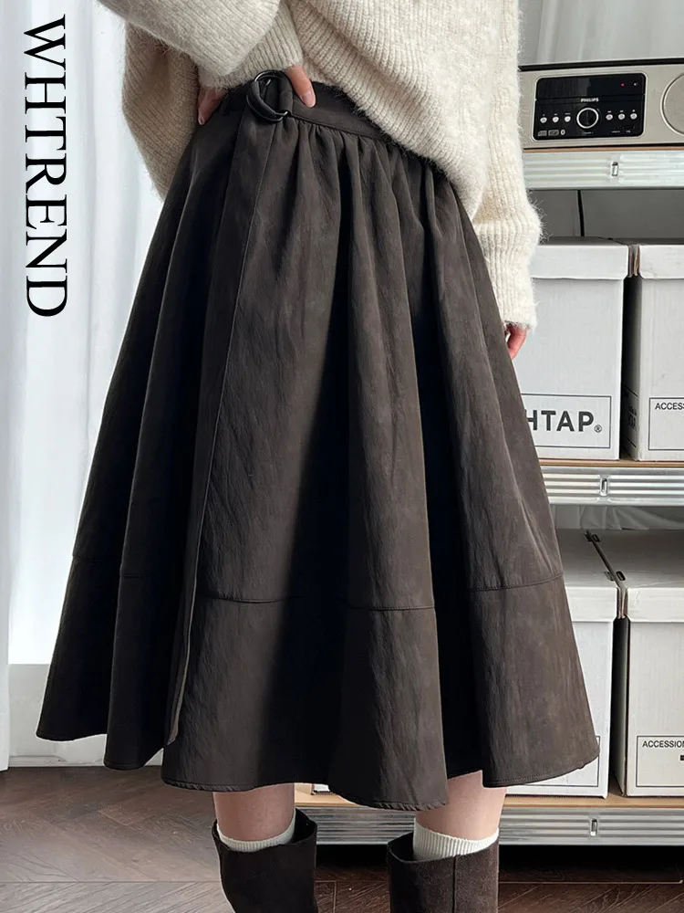 

WHTREND Suede Patchwork Pleated Midi Skirt For Women Autumn Winter New Style With Belt Umbrella Skirts WH2133