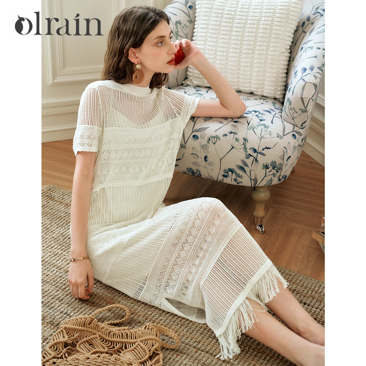 OLrain Women Summer Dresses 2026 French Style White Knitted Dress Vacation Hollow Out Suspender Two-piece Long Dress O24XL86313