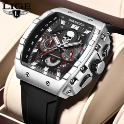 LIGE Brand Man Watch Skeleton Skull Dial Sport Army Watches for Men Casual Fashion Luxury Waterproof Quartz Clock Wristwatch+Box