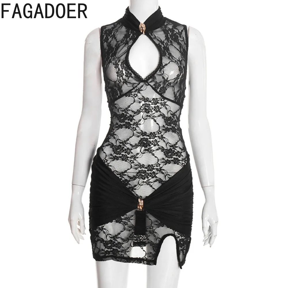 FAGADOER Sexy dentelle voir à travers combinaisons moulantes pour femme évider sans manches fente barboteuses femme Streetwear salopette nouveau