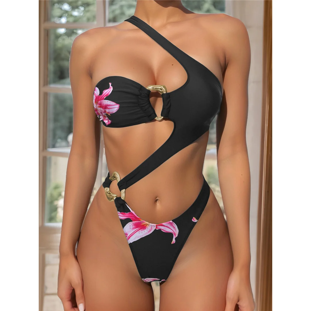 S - XL Asymmetrischer Badeanzug mit Leoparden-, Punkt- und Blumenmuster für Damen, einteiliger Badeanzug, One-Shoulder-Badeanzug, Badebekleidung, Badeanzug V8526 – Detail 6