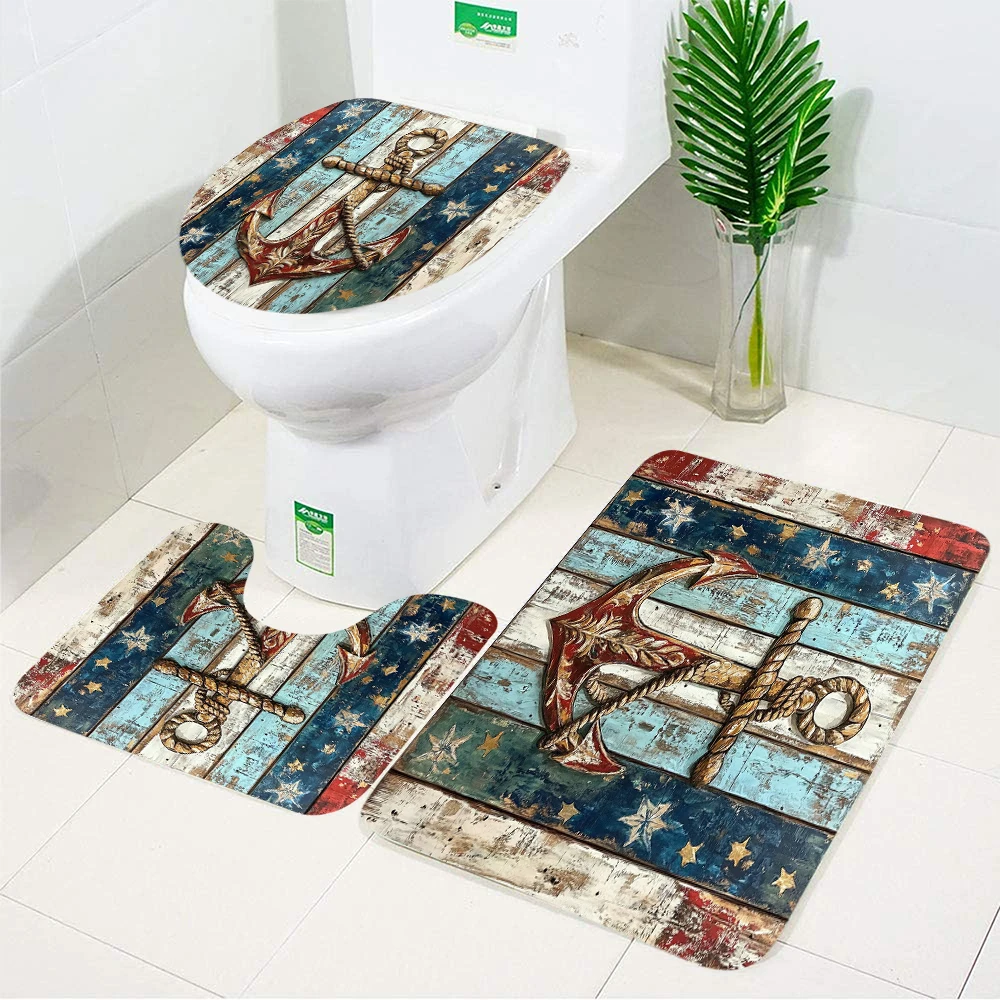 3pc Anchor shaped Navigation Flag Bathroom Floor Mat Set Anti slip Mat Toilet Lid Cover Bathroom Bath Rug Shower Carpet
