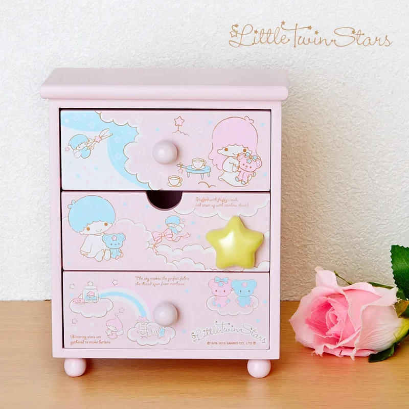 Sanrio Kawaii My Melody Wooden Drawer Jewelry Box Little Twin Stars Anime Cartoon Sturdy Bedroom Desktop Organizing Storage Rack