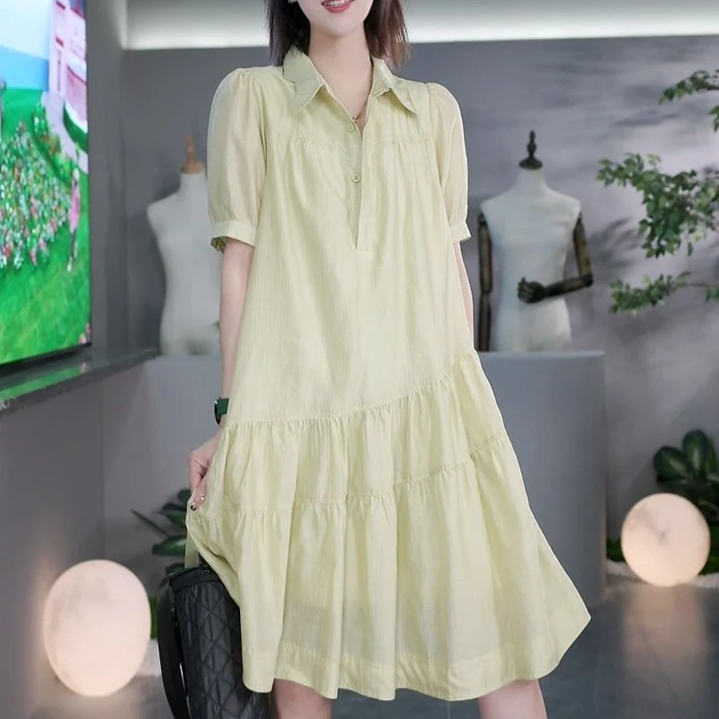 Women's Clothing 2023 Summer Trendy Pleated Simple Casual Shirt Dresses Solid Loose Short Sleeve Streetwear Midi Dress Vestidos