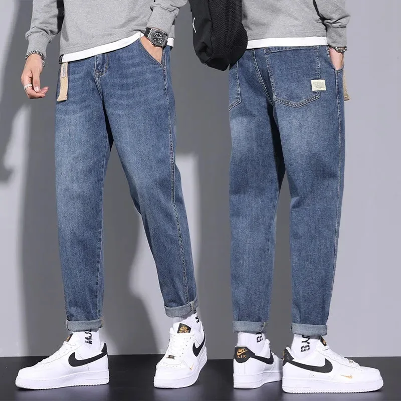 

2026 Jeans Men Harem Pants Stretch Mid Waist Distressed Washed Pockets Streetwear Y2k Straight Ankle Length Trousers Basic Denim
