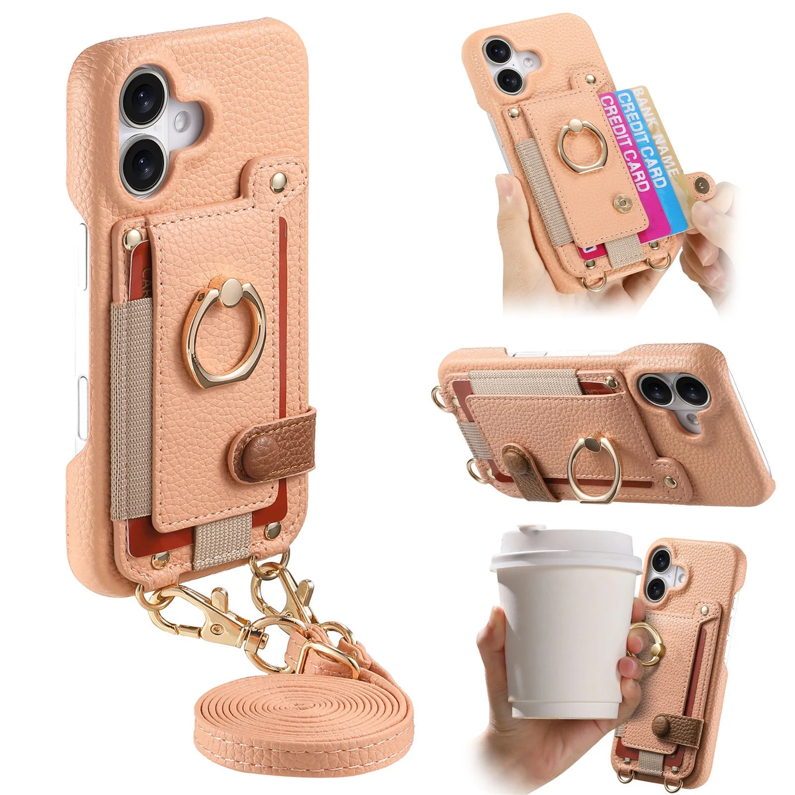 Umhängetasche mit Lanyard-Ring und Kartenhalter, Leder-Handyhülle für iPhone 16, 15, 14, 13, 12, 11, Pro Max Plus, Schutzhülle