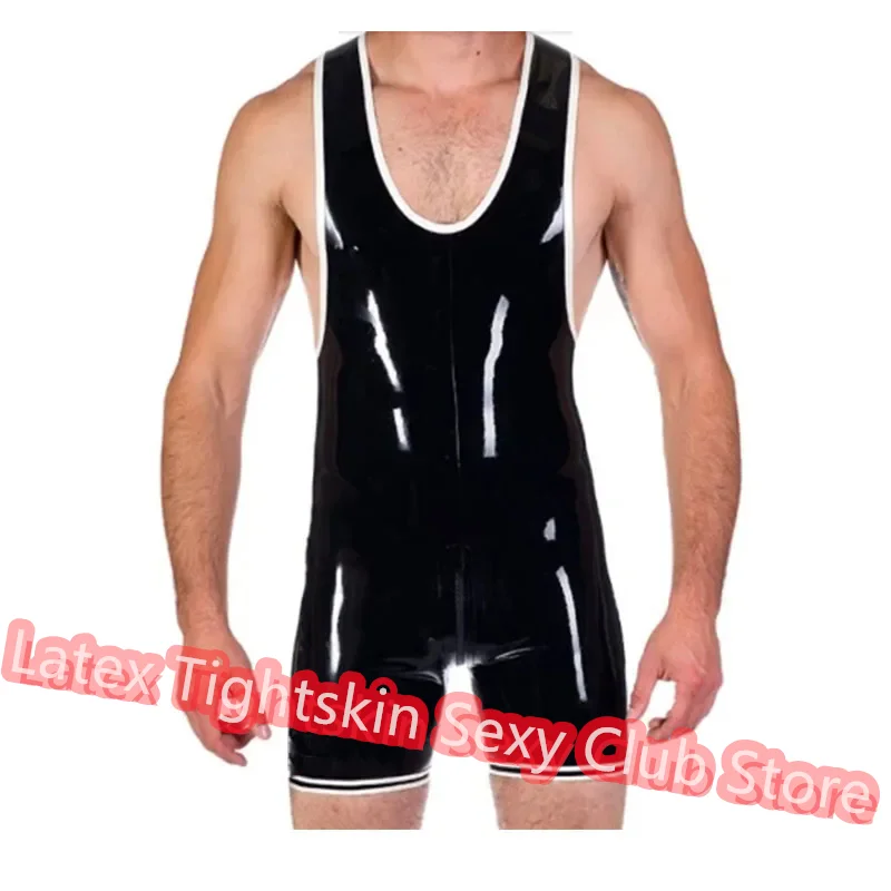 

Handmade Latex Tight Jumpsuit Rubber Catsuit Black with White Sport Suit Bodysuit with Crotch Zippe for Men Wear