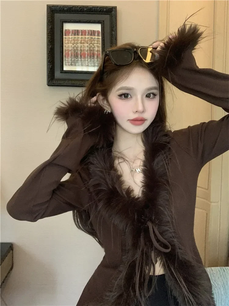 New Fall Women V Neck Fur Patchwork Slim Cardigan Maillard Fashion Long Sleeve Feather Shirt Khaki Coffee Bottom Fitting Top