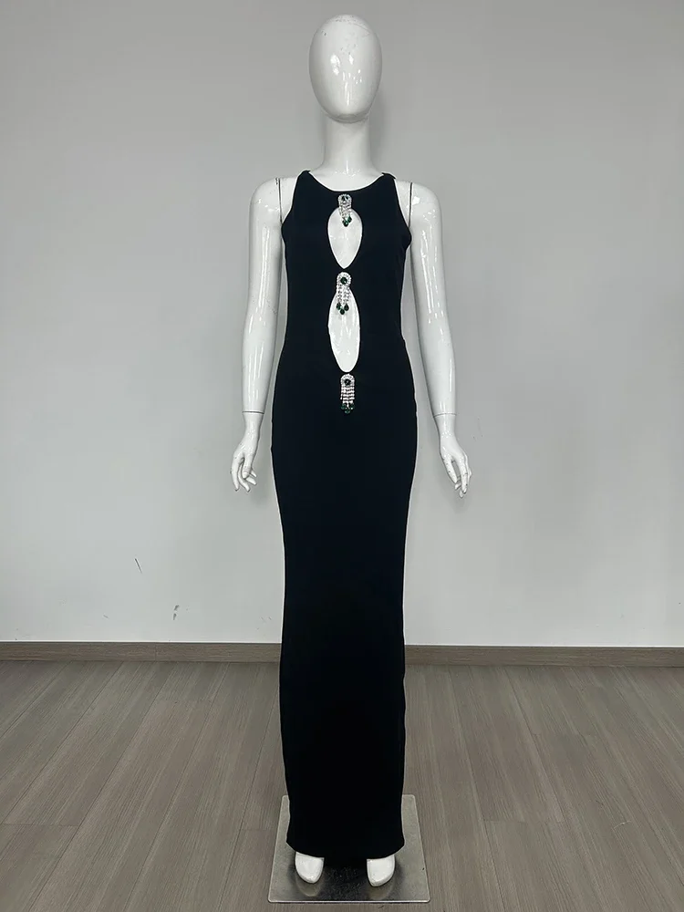 Sexy Ärmelloses O-Ausschnitt Cut Out Langes Kleid Frauen Elegante Schwarze Diamanten Quasten Aushöhlen Bodycon Runway Abend Party Kleider