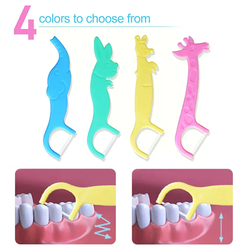 ※40Pcs Children's Dental Floss Four Cartoon Animal Shape Toothpicks Interdental Clean For Teeth Tool Super Thin Stick