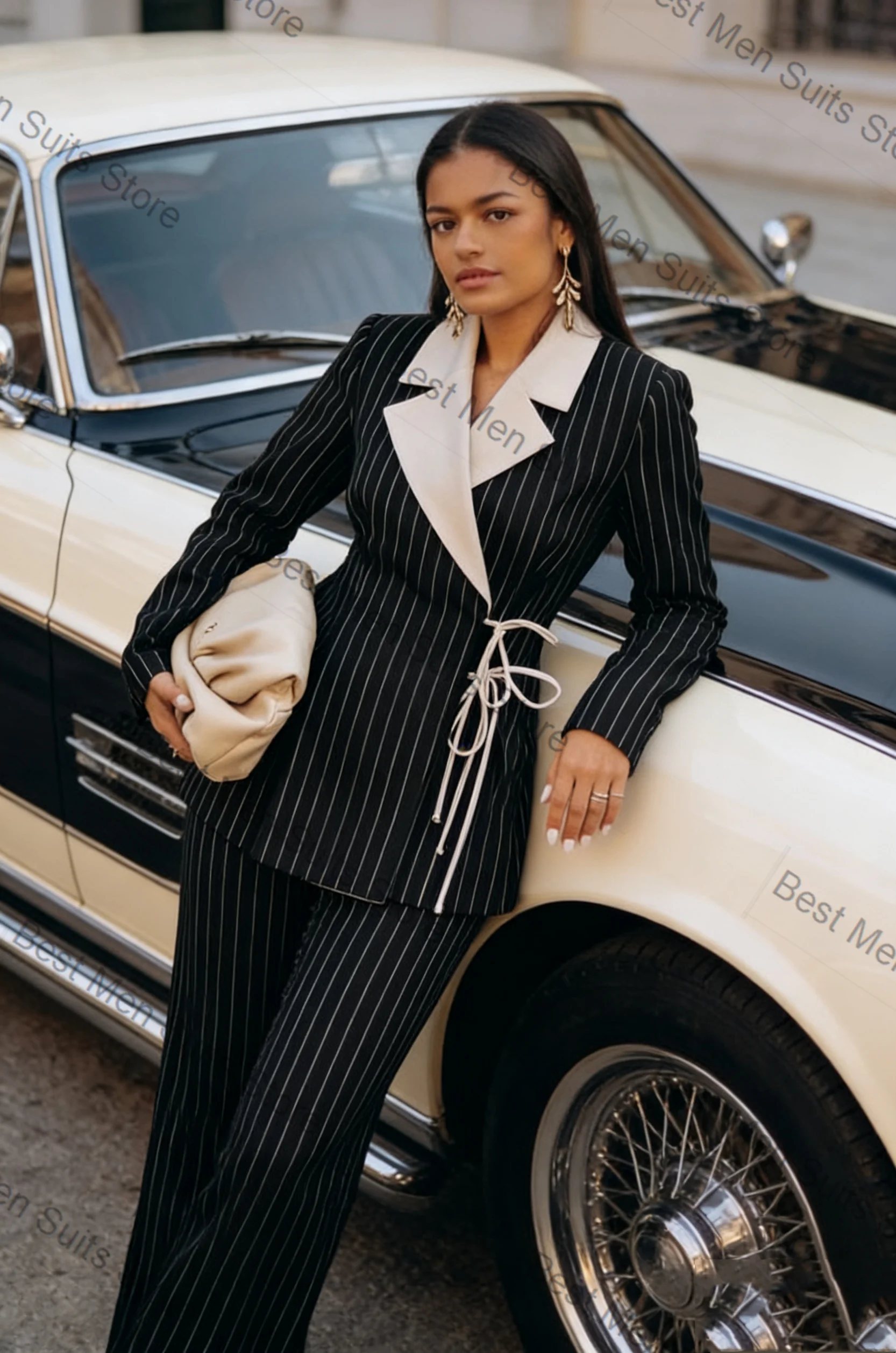 Pinstripe Women Suit Set 2 Pcs Blazer Pants Trousers Belted Black White Formal Office Jacket Customized Wedding Tuxedo Coat