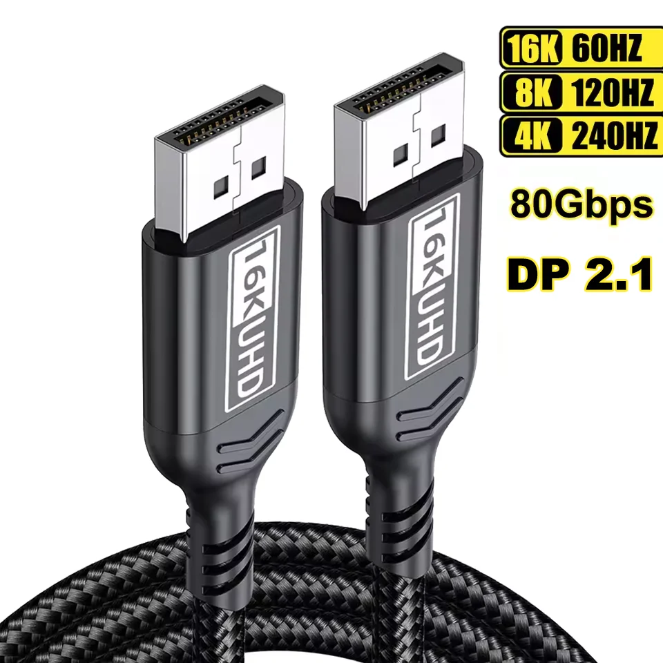 Cable DP a DP 2.1 de 16K, 16K@60Hz, 8K@120Hz, 4K@240Hz, 80Gbps, Cable DisplayPort de Alta Velocidad con HDR y VRR para TV, PC, Proyector, 1M 2M