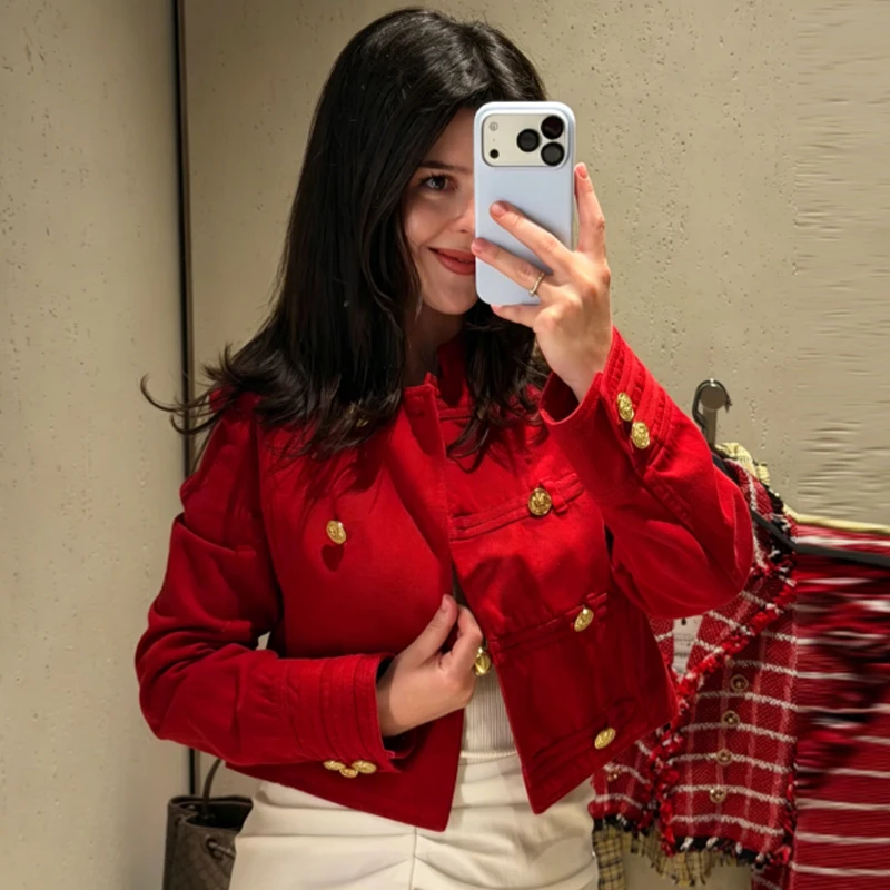 HXAO Rote Cropped-Jacke für Damen, Demi-Season 2026, elegante O-Ausschnitt-Jacke mit Doppelreihenknöpfen und langen Ärmeln, schicke Militär-Oberbekleidung – Detail 6