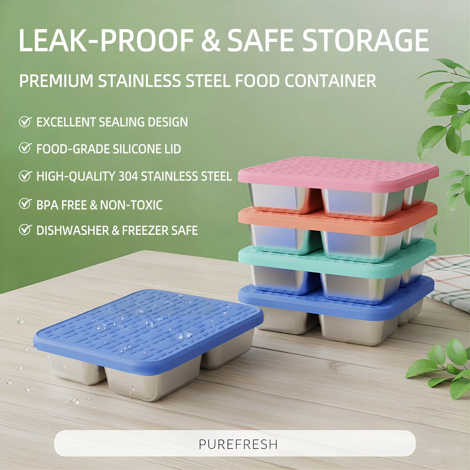 304 Stainless Steel Divided Lunch Container 4 Section with Silicone Lid Leakproof Bento Box for Meal Prep School Work