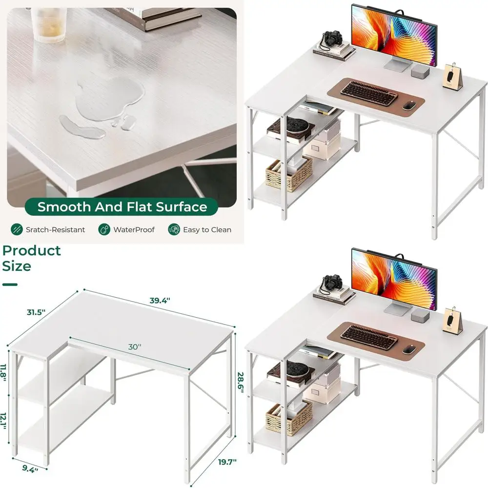 مكتب أبيض 39 على شكل حرف L مع أرفف قابلة للعكس للمكتب المنزلي والألعاب والدراسة