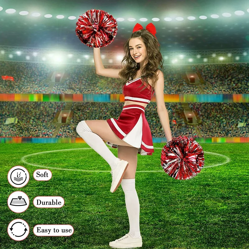 6 Pcs 13 Inch Cheerleading Pom Poms And Big Bow, Suitable For Girls' Cheerleading Poms, Metal Poms And Handles