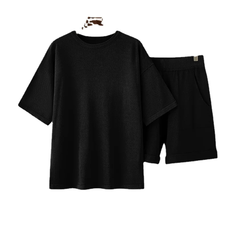 2023 New Solid Color Versatile Round Neck Short Sleeve T-shirt Shorts Set Women's Summer Loose Casual Ice Silk Two Piece Set