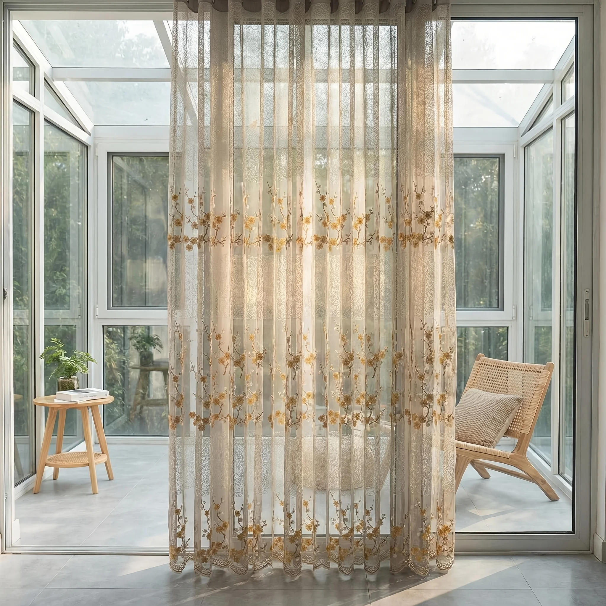 1PC French-style light luxury light gray gold plum embroidery sheer curtain, ring hanging, suitable for living room, bedroom, ba