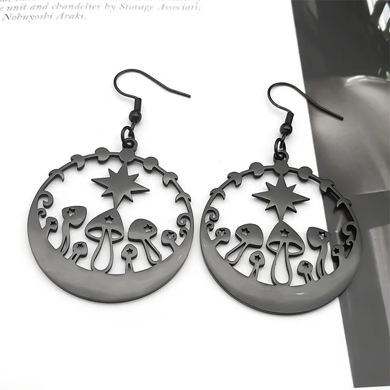 Witchcraft Mushroom Stars Moon Phase Goth Dangle Earrings For Women Men Stainless Steel Black Hoop Earring Witch Jewelry Gifts