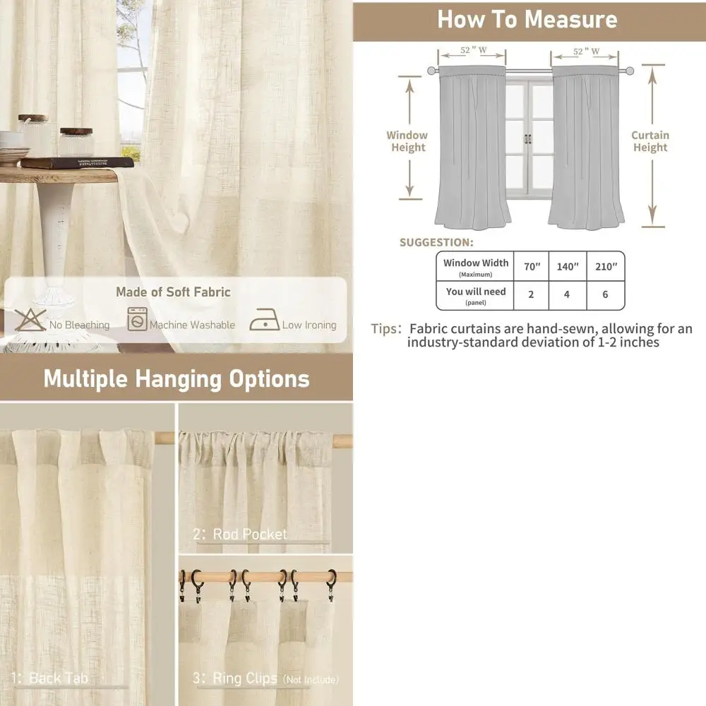 

Льняные прозрачные шторы 120 для гостиных, задняя вкладка и карман для стержней, светофильтрация, панели 52x120 бежевых