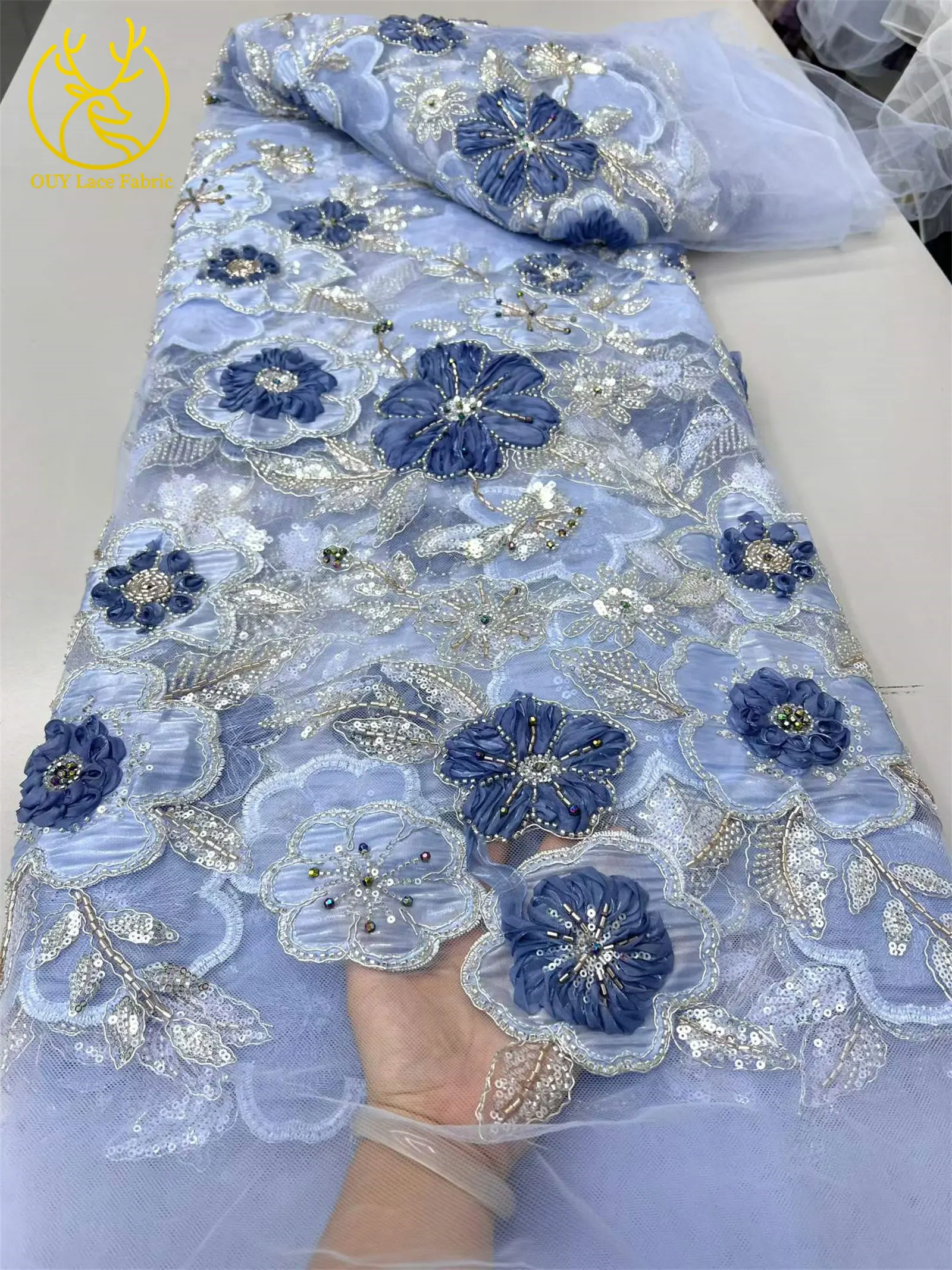 Afrikanischer Pailletten-Perlen-Spitzenstoff, hochwertiger nigerianischer französischer 3D-Blumen-Spitzenstoff für Kleidung, DIY, handgefertigter Stoff, 5 Yards – Detail 7