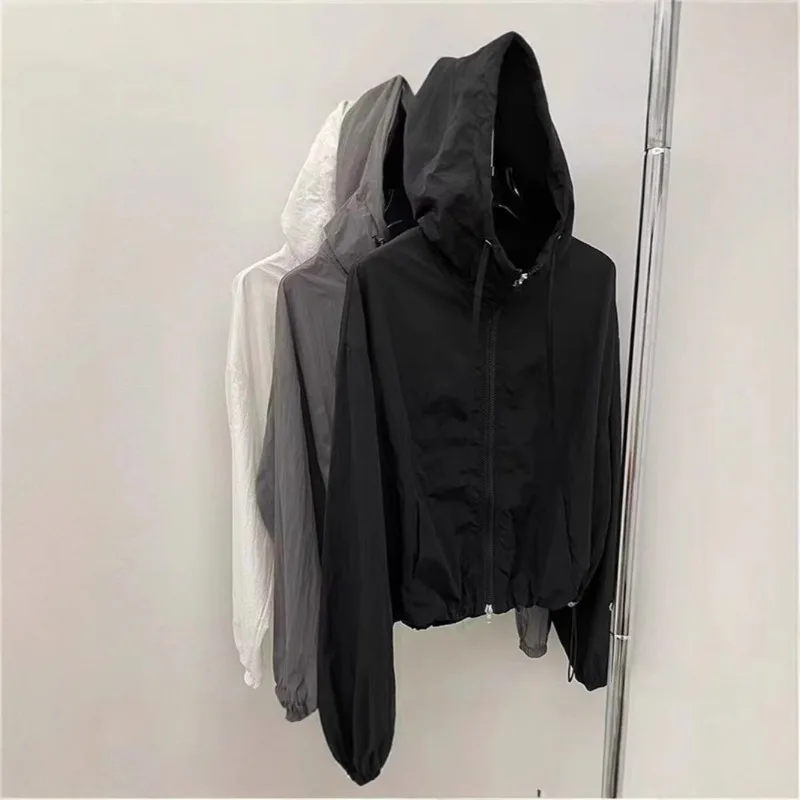 3 Colors Summer Short Styles Leisure Sunscreen Clothing Hooded Loose Breathable Drawstring Jacket Retro Coat High Street Fashion